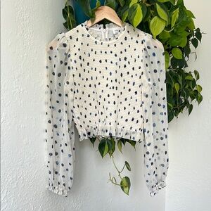 Wilfred Cream and Navy Polka Dot Crop Blouse with Sheer Sleeves